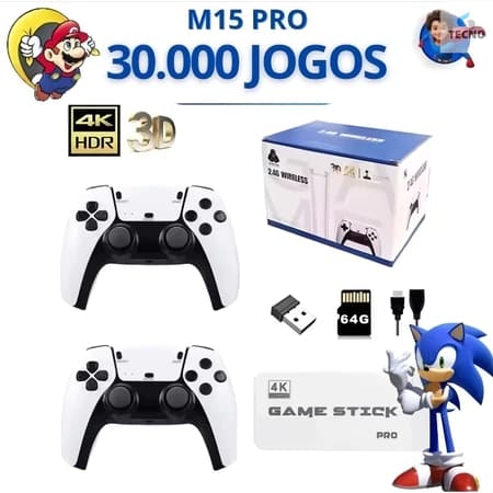 2026 NOVO Vídeo Game Stick M15 Pro 4k 64gb Hdmi Com 2 Controles Se Fio +20mil Jogos  Flash