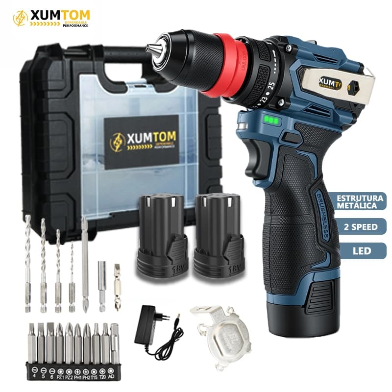 Parafusadeira Furadeira Brushless Sem Fio 16.8V Profissional Com 2 Baterias Maleta -23peças