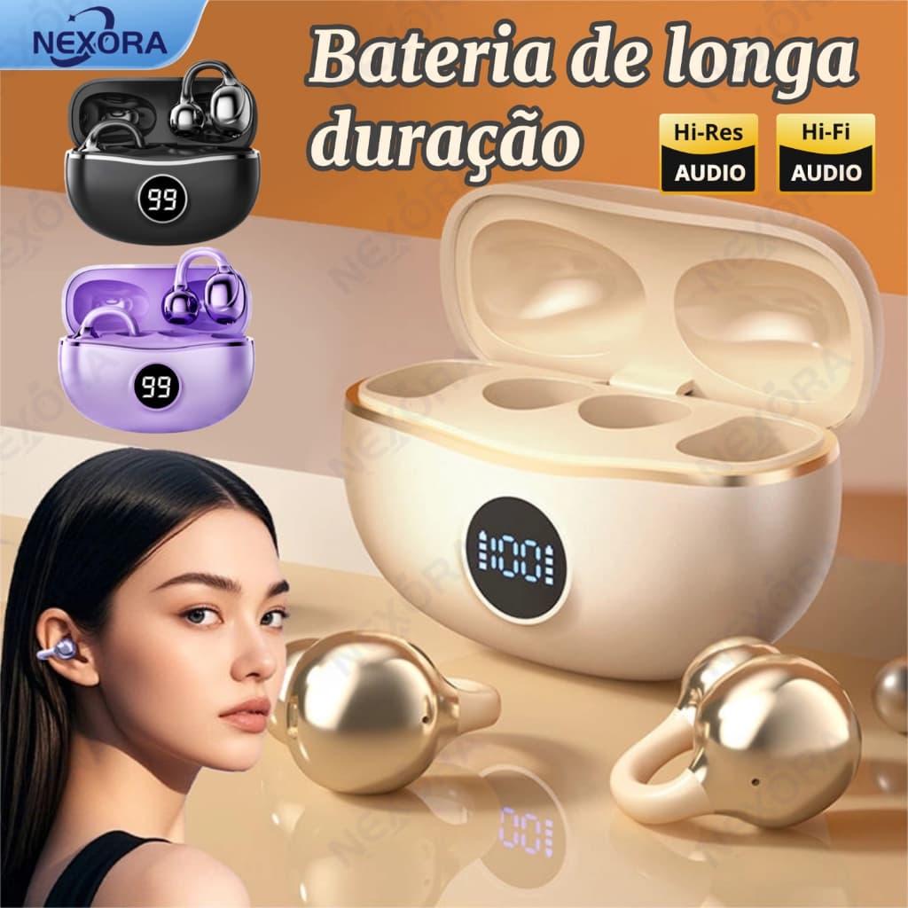Fones de ouvido com clipe, fones de ouvido Bluetooth, baixa latência, qualidade de áudio sem perdas, condução óssea