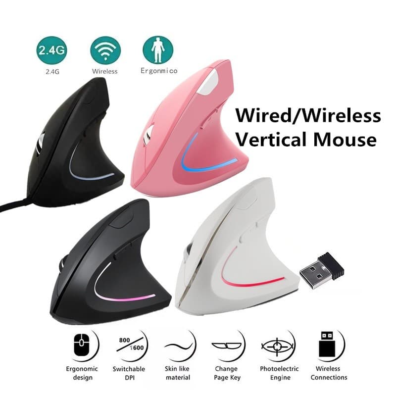 Mouse Vertical Ergonômico Com Fio Sem Óptico 1600 DPI 2.4 Ghz Ratos Para Jogos De Computador RGB LED Luz Mão Direita Sil