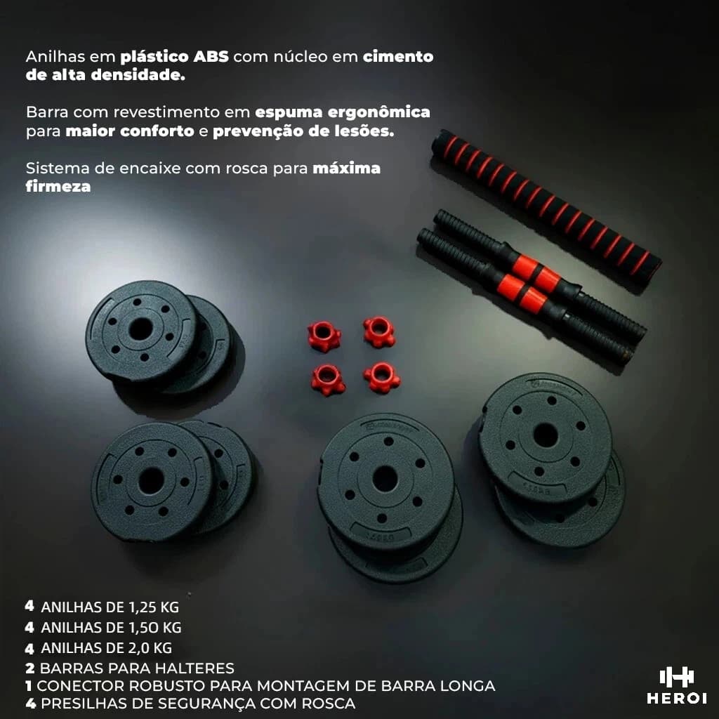 Kit Heroi 15kg Halteres Barra Supino Kettlebell Preto | Treino Funcional Academia Caseira