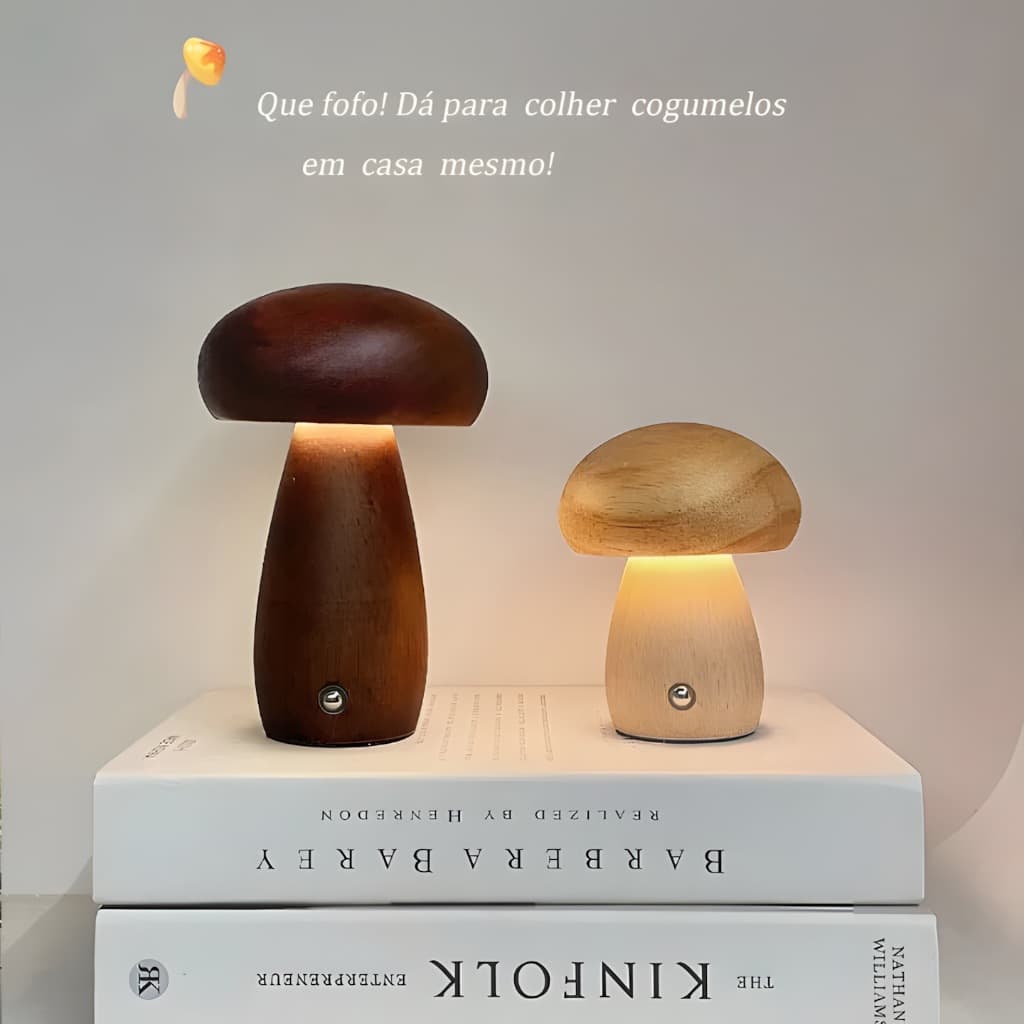 Luminária de Mesa LED Formato Cogumelo - Madeira Maciça Natural, Luz Aconchegante para Quarto & Sala de Jantar | Present