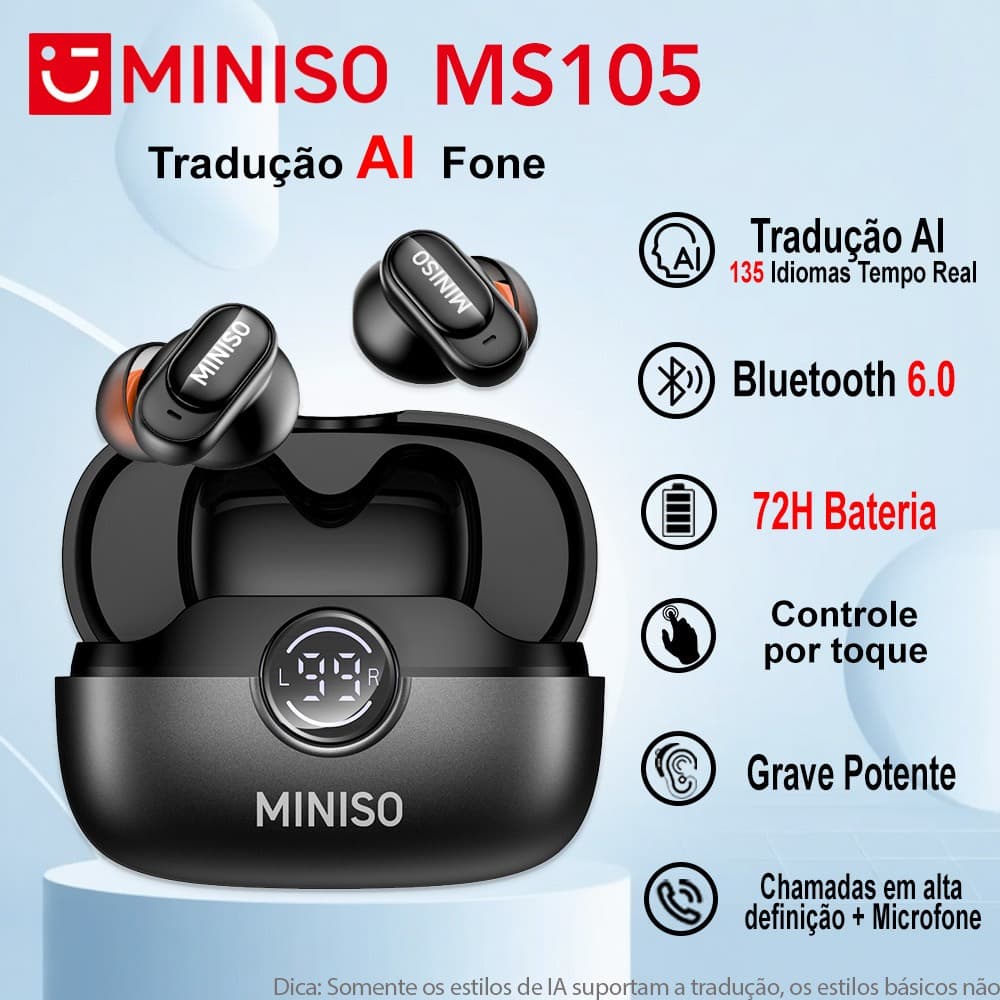 Miniso MS105 AI Tradução Fone De Ouvido Bluetooth 6.0 TWS 135 Tempo Real Tradução Idiomas Controle Por Toque Microfone