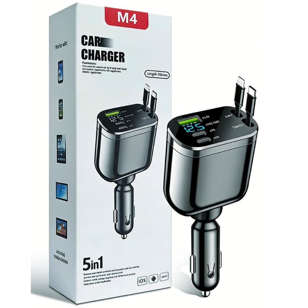 Carregador de carro retrátil, carregador de carro rápido 5 em 1 de 66W para iPhone e Android