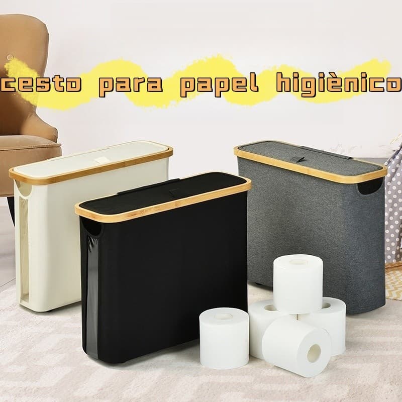 Suporte Cesto Dobrável De Papel Higiênico De Bambu C/Tampa Para Armazenamento De Armário De Banheiro