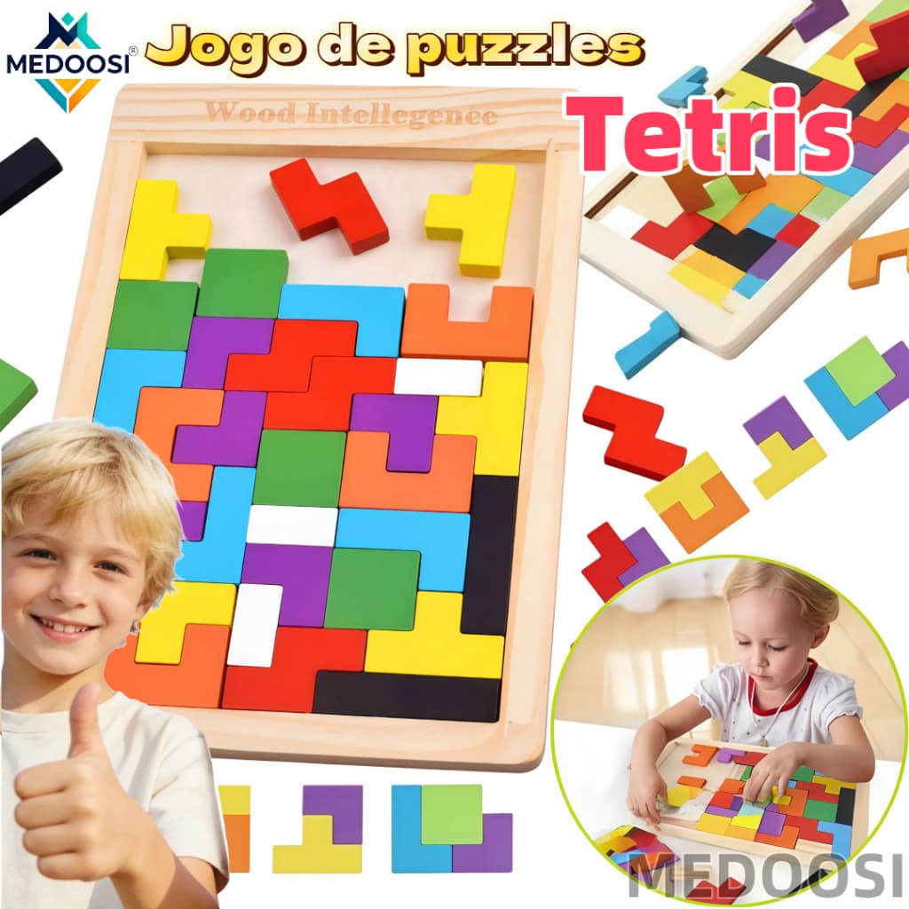 Brinquedo Montessori Quebra Cabeça Tetris Madeira 3D Jogo de Puzzles Educativo Tangram para Crianças / Bebês 0-7 Anos​
