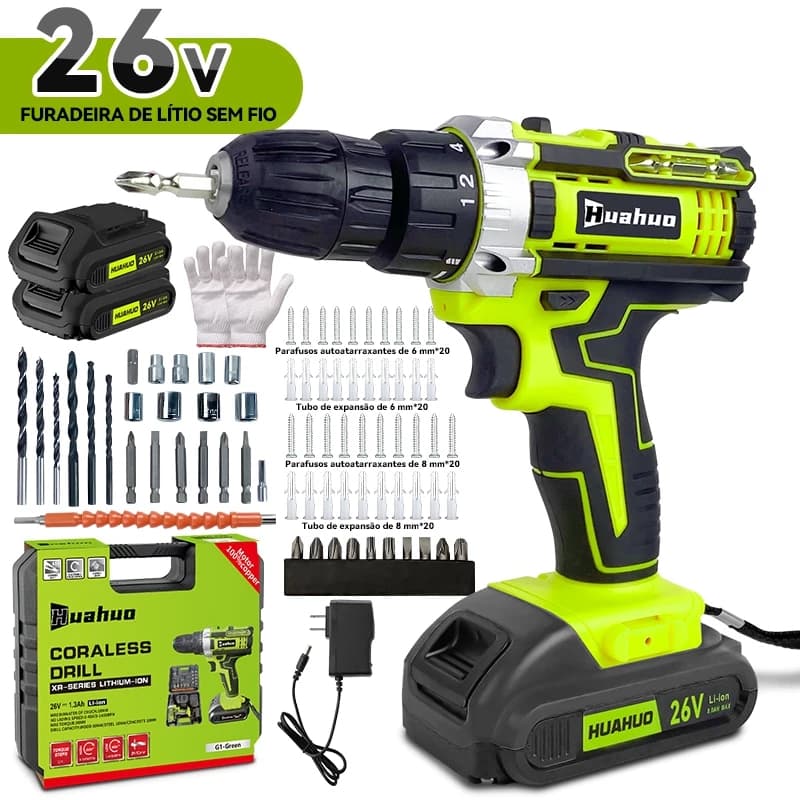 Parafusadeira Furadeira 26V Baterias Sem Fio Impacto Com Maleta Completo Broca Bits Maleta (110V/220V)!!