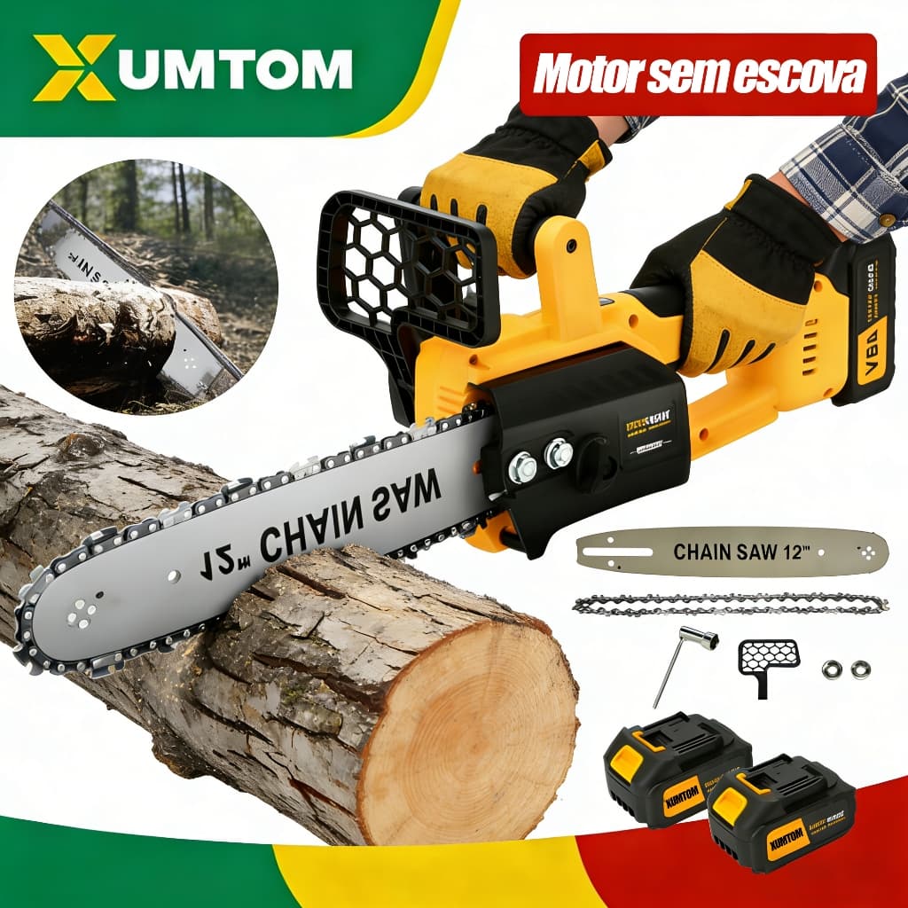 Motosserra Elétrica 12" 1200W Brushless Portátil,Kit 2 Baterias 48V, Kit Completo Serradeira Potente para Madeira e Poda