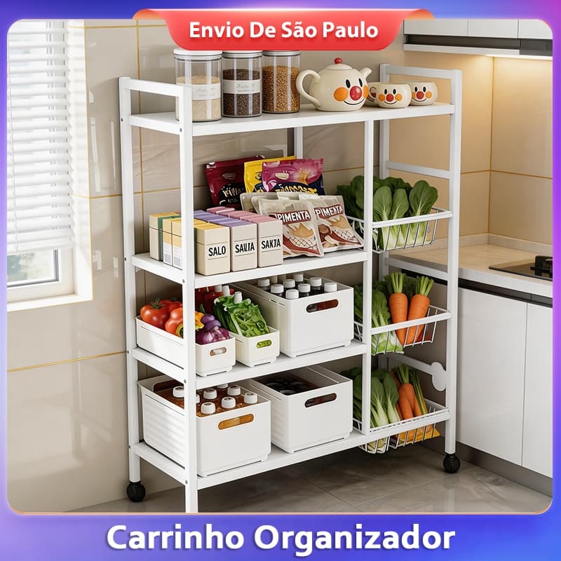 Carrinho Organizador Cozinha Multiuso Prateleira Com Rodas Aço 4 Andares Cestos Frutas Legumes Resistente