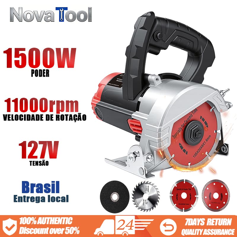 Cortador de mármore profissional, 127 volts, 7,25 polegadas, 1500 watts, 11.000 RPM, quatro lâminas.