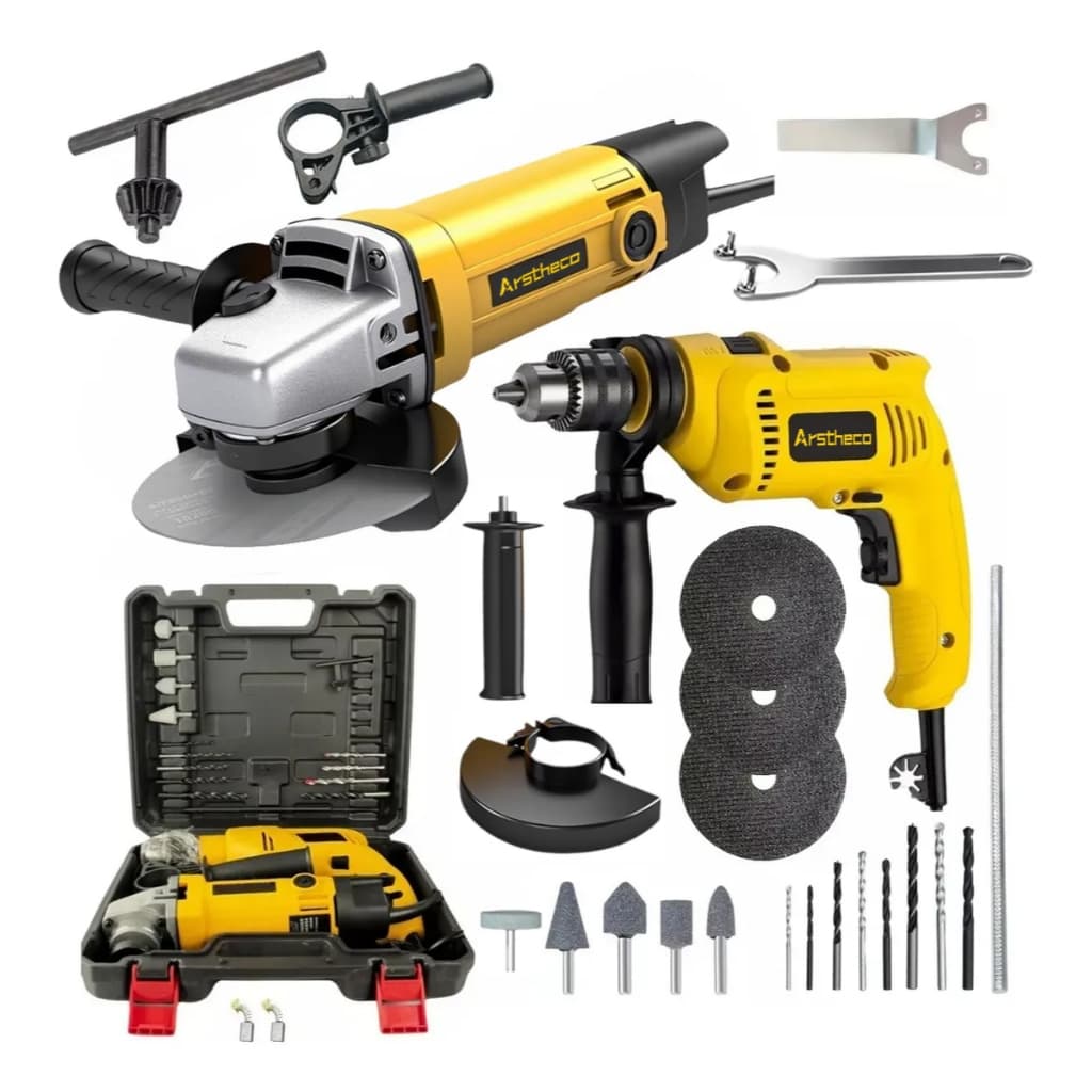 Kit 850w Furadeira de Impacto  e  Lixadeira Esmerilhadeira Angular e Maleta de Transporte Com Acessórios