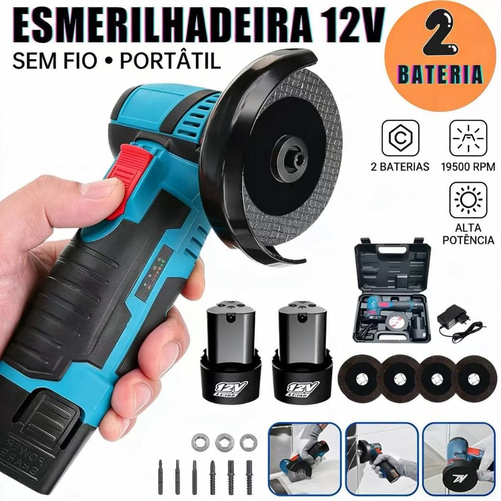 Esmerilhadeira Angular 12V Sem Fio 76mm Portátil Bivolt com 2 Baterias Lixadeira Polimento Corte