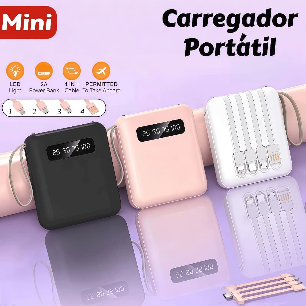 Carregador Portátil 10000mAh Com 4 Cabos De Carregamento Rápido LED Banco De Potência Digital