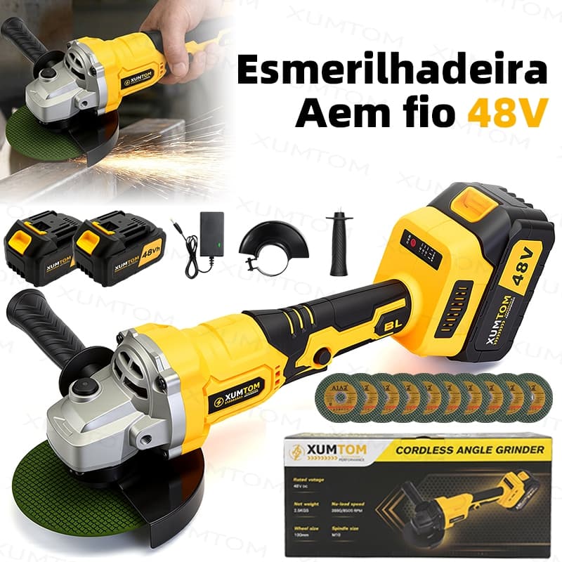 Esmerilhadeira Angular 48V Sem Fio + 2 Baterias 4000mAh - Kit 10 Discos, Proteção e Resfriamento - Corte Polimento Lixa