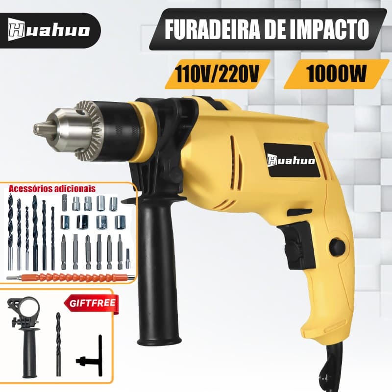 Furadeira E Parafusadeira Industrial De Impacto Elétrica 110V/220V 1000W Com Acessórios