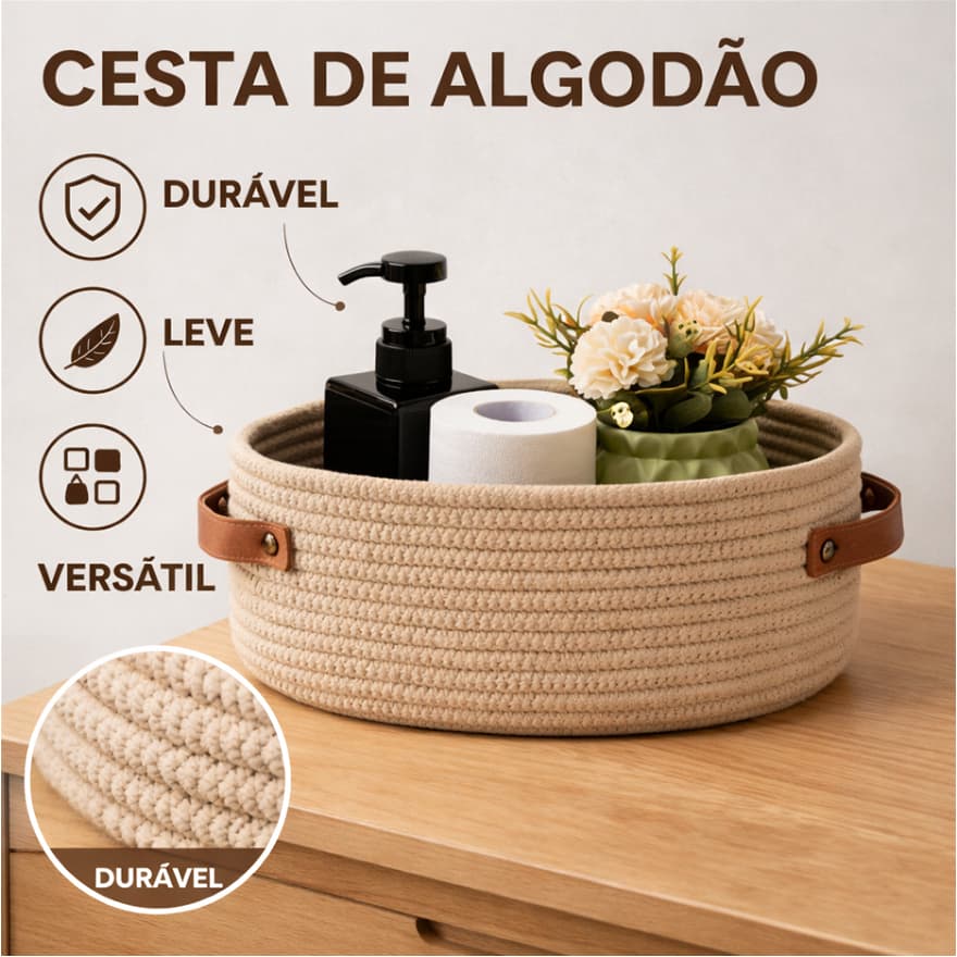 Cesto Organizador de Algodão Grande com Alças de Couro | Cesto Decorativo para Banheiro, Lavanderia e Quarto
