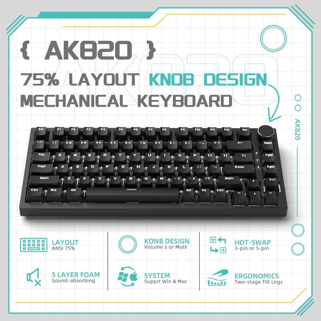 Teclado Mecânico 75 % Com Fio AJAZZ AK820 , Para Jogos Montado Em Junta Hot-Swappable Interruptores HP Semelhantes , Lay