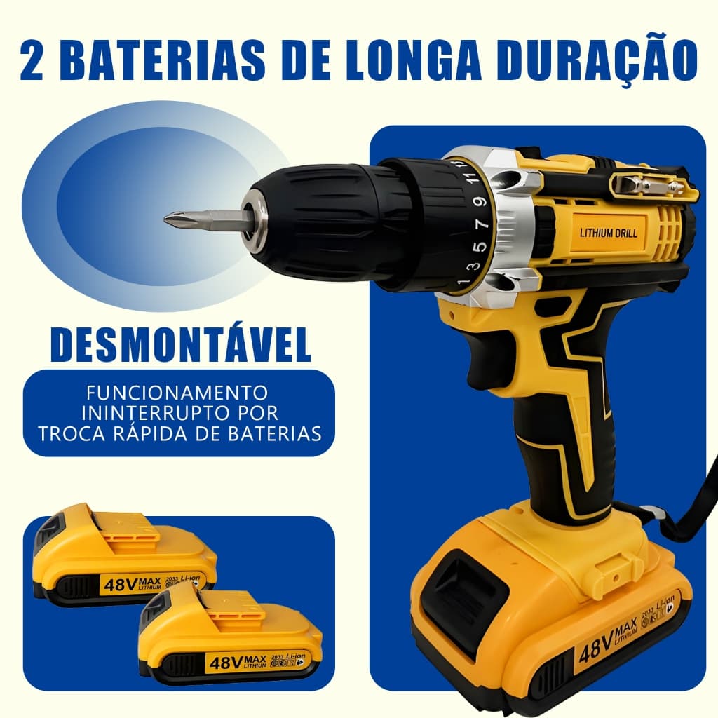 Parafusadeira Furadeira Conjunto Furadeira Sem Fio 48V Baterias Duplas Caixa De Armazenamento Acessórios Completos