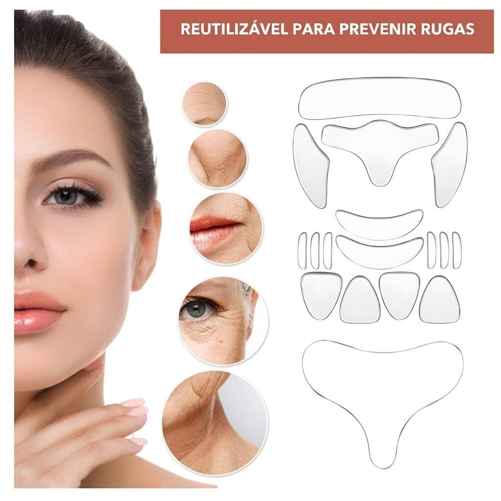 Adesivos de Silicone para Rugas 100% Grau Médico - Kit Completo Anti-Idade Reutilizável para Rosto e Pescoço