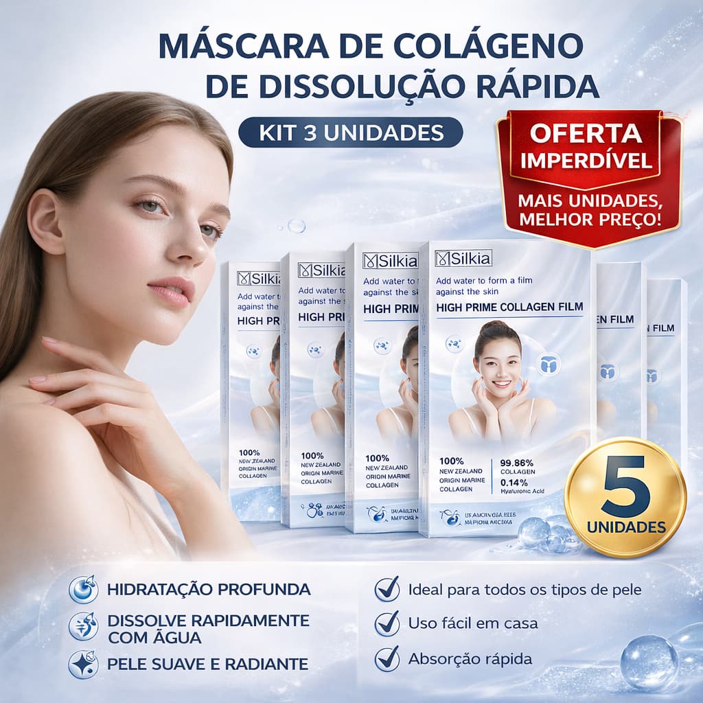 Kit 5 Máscara Colágeno Filme Solúvel Nanotecnologia Anti-Idade Efeito Lifting Clareadora Skin Care