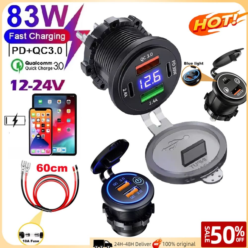 Carregador De Carro 83W 4 Portas PD 30W QC3.0 Com Voltímetro-USB Duplo C E Um Adaptador De Carregamento Rápido Para Veíc