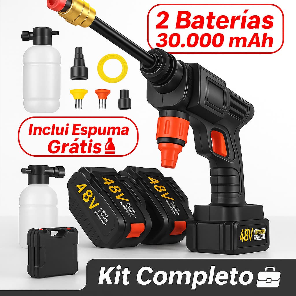 kit completo Lavadora de Alta Pressão Sem Fio Portátil Recarregável Carros e Jardins Pistola Lavajato Residêncial Bivolt