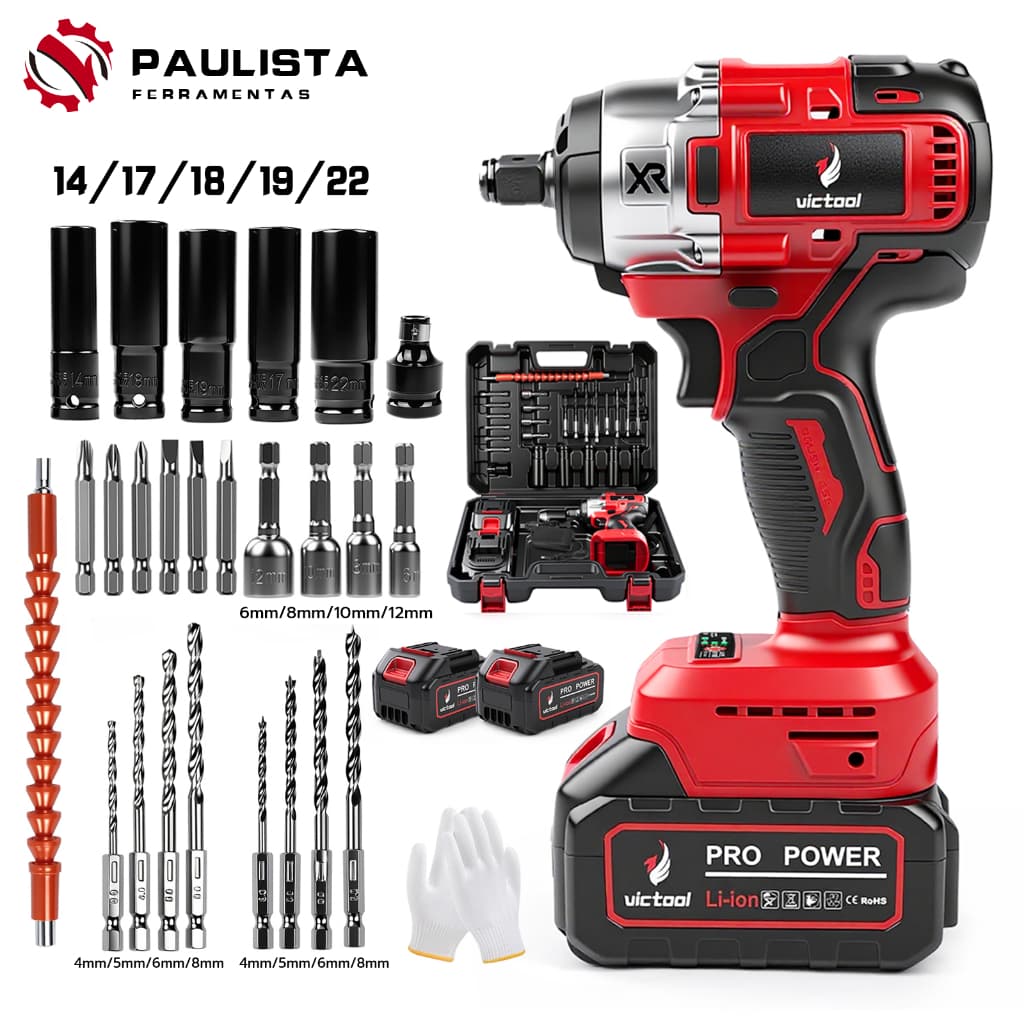 Chave de impacto/furadeira/parafusadeira elétrica de 450 Nm, motor sem escovas, inclui 23 ferramentas e 2 baterias.