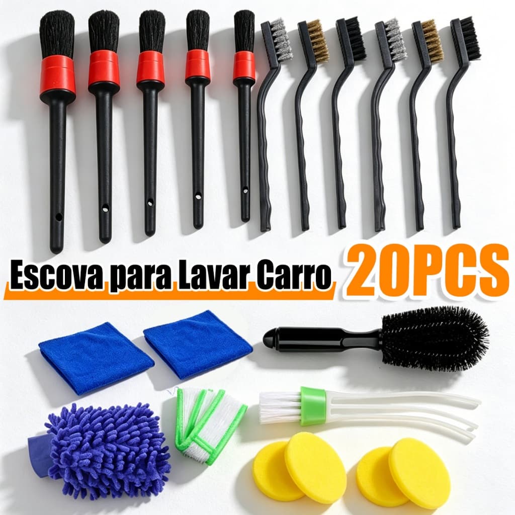 Kit Lavagem de Carro 20/15/8 Peças - Escovas, Luvas e Acessórios para Limpeza Automotiva Completa