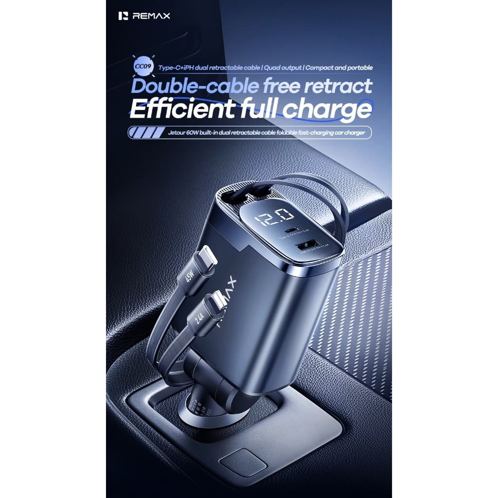 Remax carro 60w carga rápida carregador de telefone móvel vem com cabo retrátil duplo carregador de carro dobrável intel