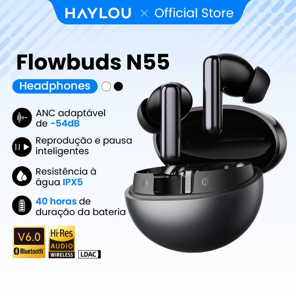Fones De Ouvido Sem Fio HAYLOU Flowbuds N55 ANC , Bluetooth 6.0 , Modo De Transparência , Reprodução Contínua De 40 H
