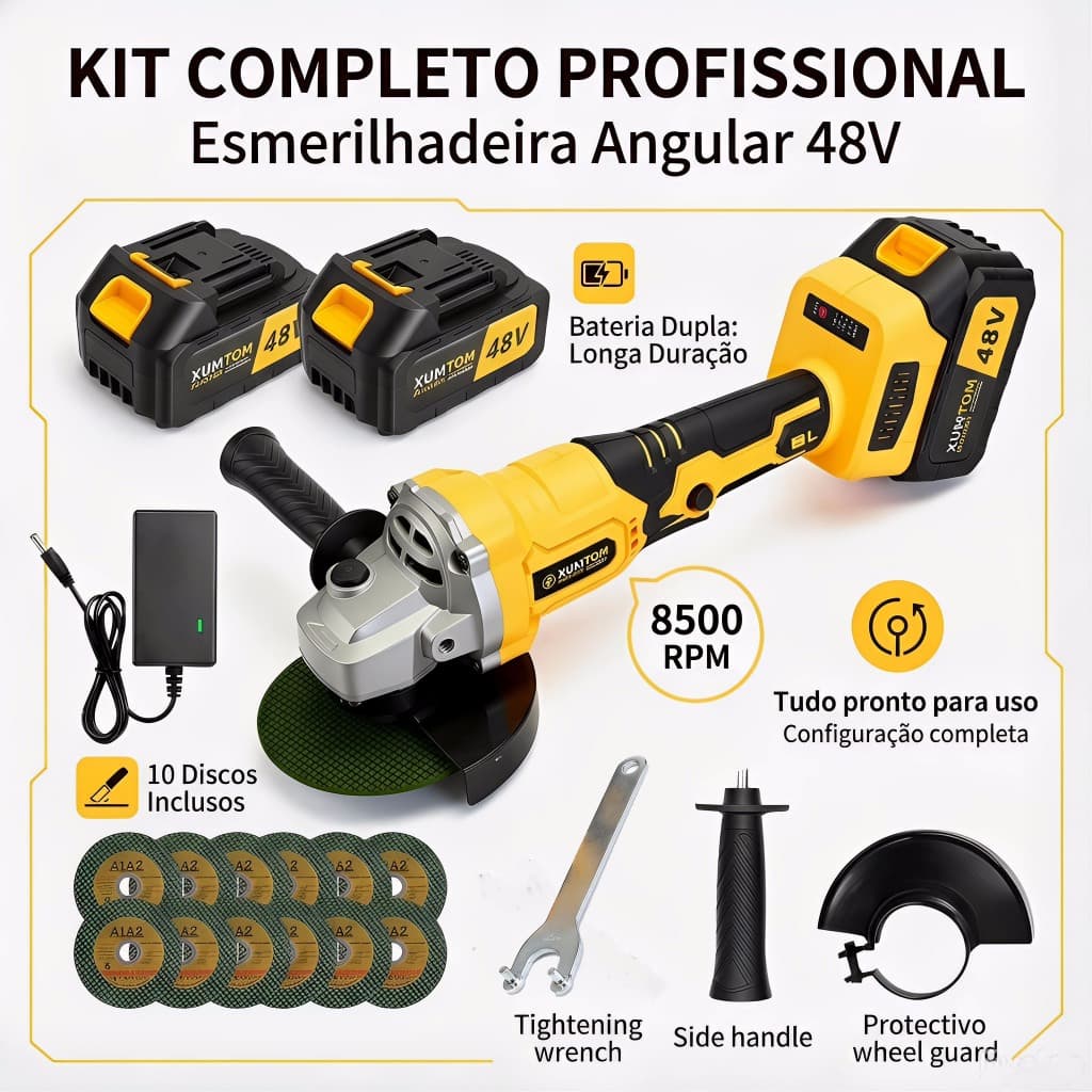 Esmerilhadeira Angular sem Fio 8500 RPM Brushless - 2 Baterias 48V 4000mAh + 10 Discos  - Corte Metal Concreto  Ferrugem