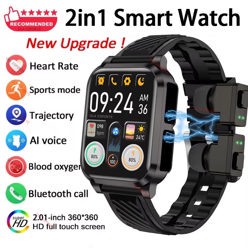 Smartwatch Relógio Inteligente TWS 2-Em-1 Fones De Ouvido Bluetooth Alta Fidelidade HD Qualidade Som BT Chamada Monitora