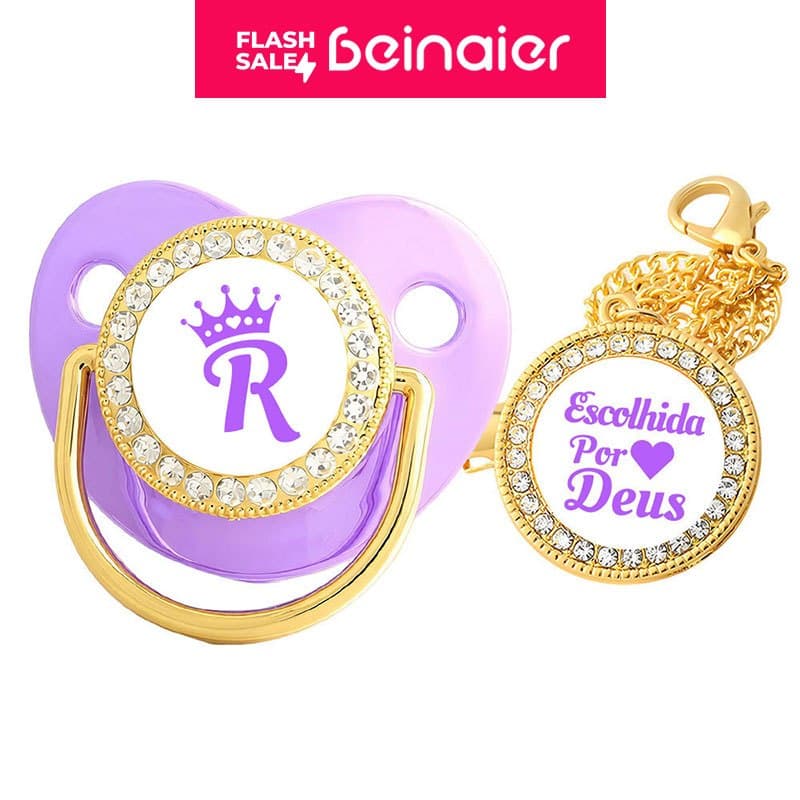 Chupeta De Bebê Com Letra Inicial Roxo Corrente Bico De Silicone BPA Free
