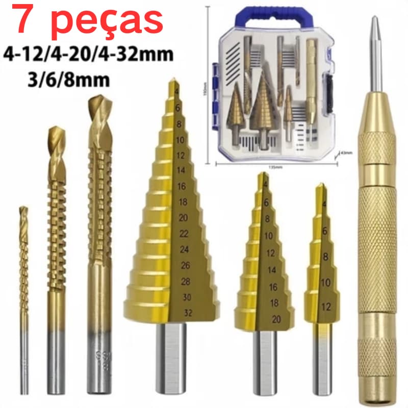 Broca escalonada de liga de titânio, broca de aço amarelo, broca de corte lateral com marca e perfurador, com caixa de a