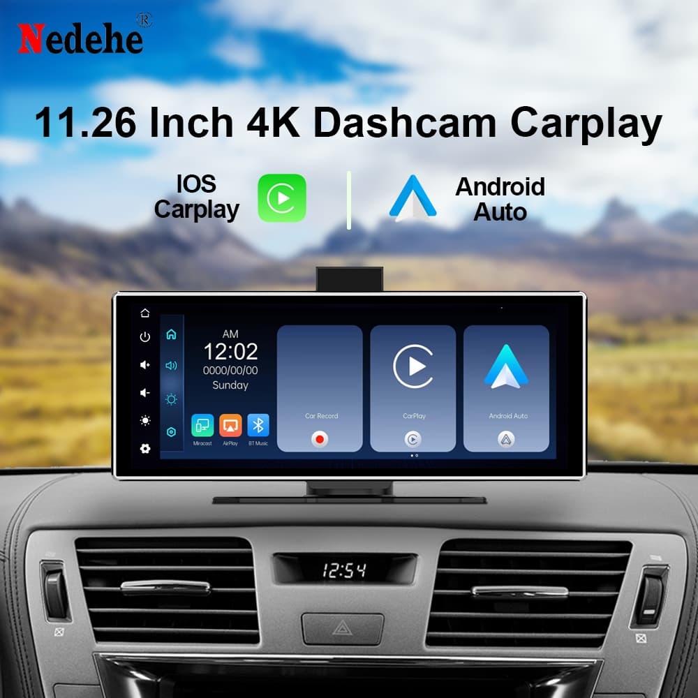 11.26 " 4K Dash Cam Sem Fio Carplay & Android Auto Carro DVR 5G WiFi Navegação GPS Frente Traseira Lente Dupla Painel Gr