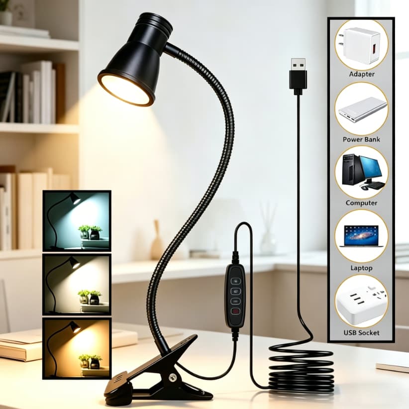 Luminária de mesa LED tricolor em formato de chifre com clipe Proteção para os olhos