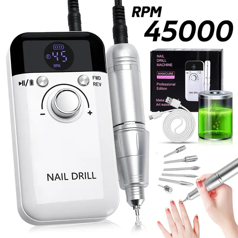 Lixadeira Elétrica Para Unhas 45000RPM Profissional Portátil Recarregável Nail Drill Kit Completo Gel Acrílico + Brocas