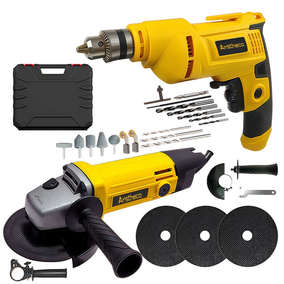 【110/220V】Kit Furadeira de Impacto 115mm e Esmerilhadeira Angular 900W e caixa plástica Com Acessórios