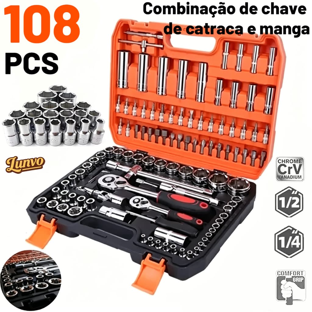Jogo Caixa De Ferramentas Chave Soquete 22/108 Peças Multi Funções