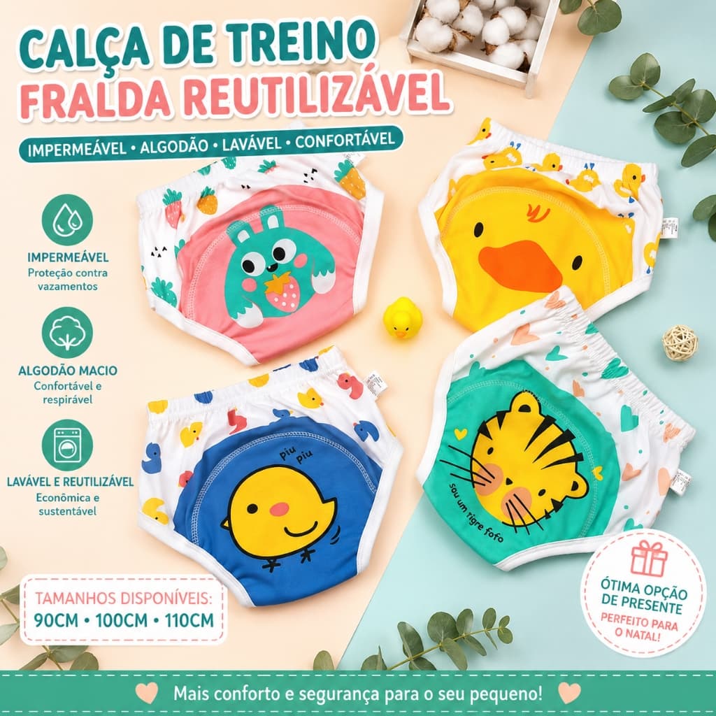90/100/110cm Calça de Treino Infantil Fralda Reutilizável Impermeável Algodão Lavável Confortável Bebê Presente Natal