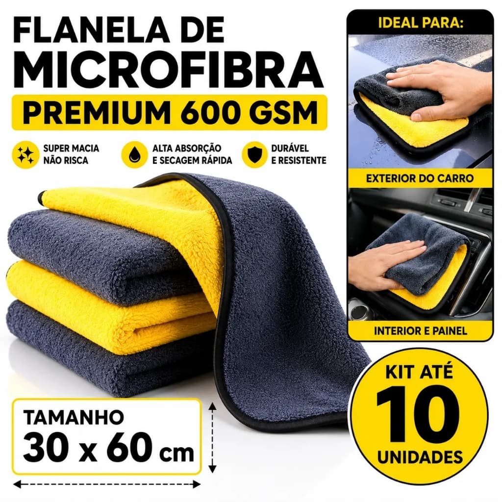Kit 10 Pano Flanela Microfibra Automotiva 600GSM Premium Para Lavagem polimento de Carro 30*60cm