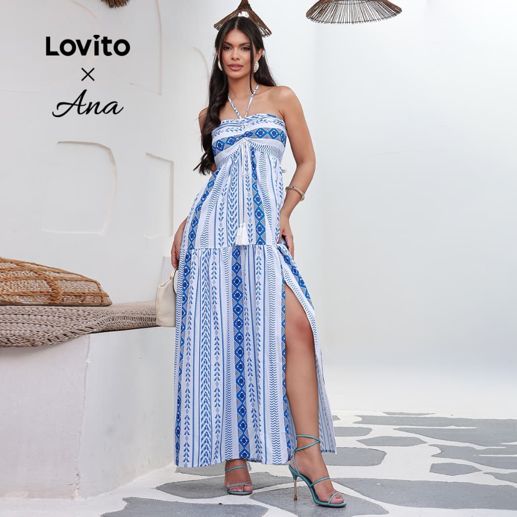 (Lovito x Ana) Vestido Boho Feminino Primavera/Verão Com Estampa Tribal E Franjas LBL17610