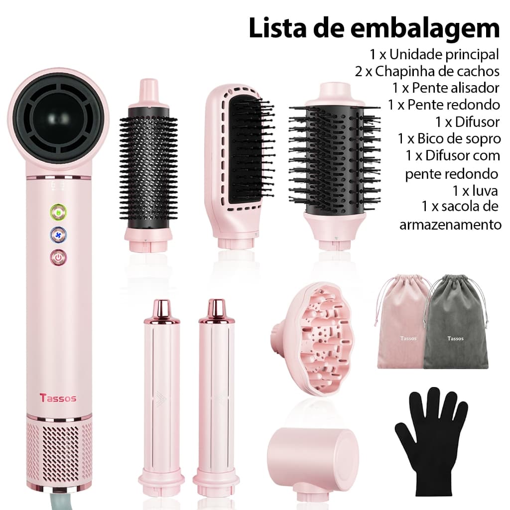 Secador De Cabelo Profissional TASSOS 8 Em 1 1800 W Dual Voltage 110-220 V-Iônico Antifrizz Com Acessórios Incluídos