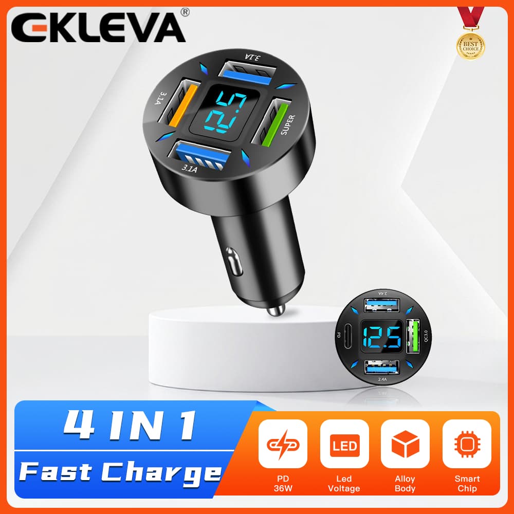 EKLEVA 66W 4 Portas USB Carregador De Carro Carregamento Rápido PD Carga Rápida 3.0 C Adaptador Telefone Do Para iPhone 