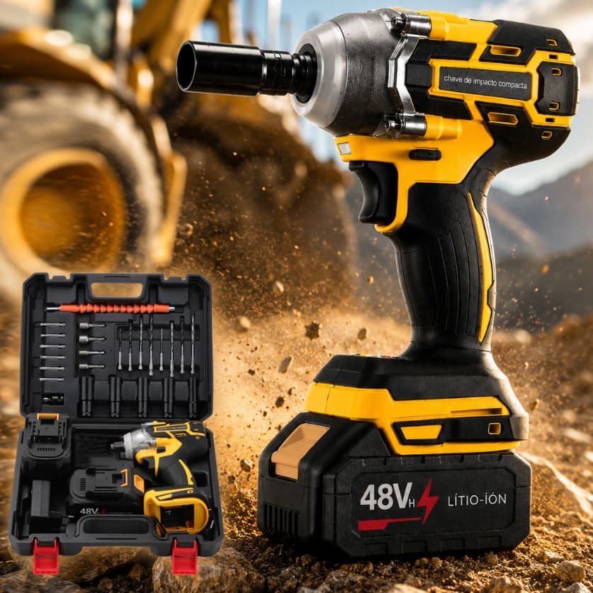Chave de Impacto recarregável sem escova 48V, kit completo de ferramentas com duas baterias e caixa de ferramentas
