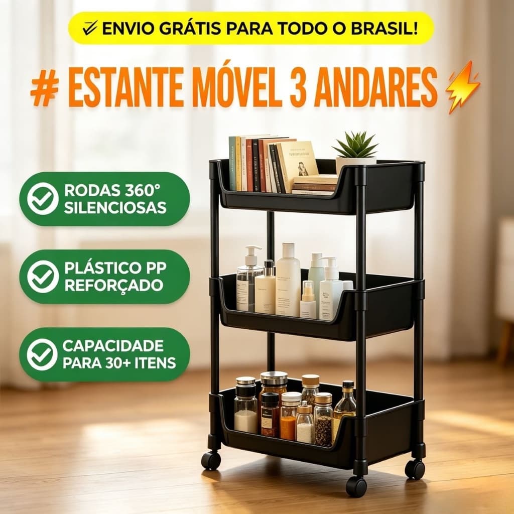 Carrinho Organizador 3 Prateleiras Multiuso com Rodas Silenciosas Montagem Simples para Casa Cozinha