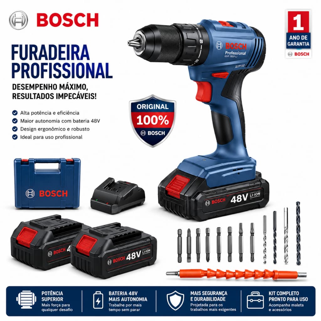 Furadeira Parafusadeira bosch 48V Parafusadeira 2 baterias Furadeira de Impacto bosch Original 100%