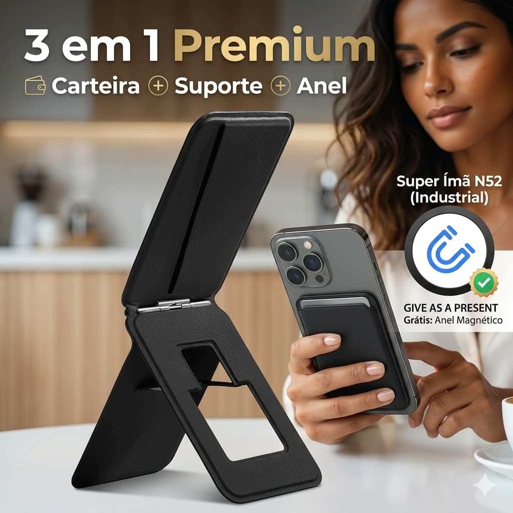 Suporte Celular Magnetico MagSafe Carteira de Couro Dobravel Invisivel para Carro Multifuncional