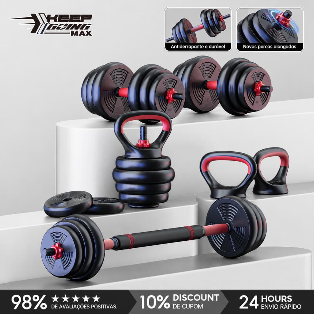 KEEP Kit Musculação Multifuncional Halteres Ajustáveis com Barra e Kettlebell para Treino em Casa e Academia