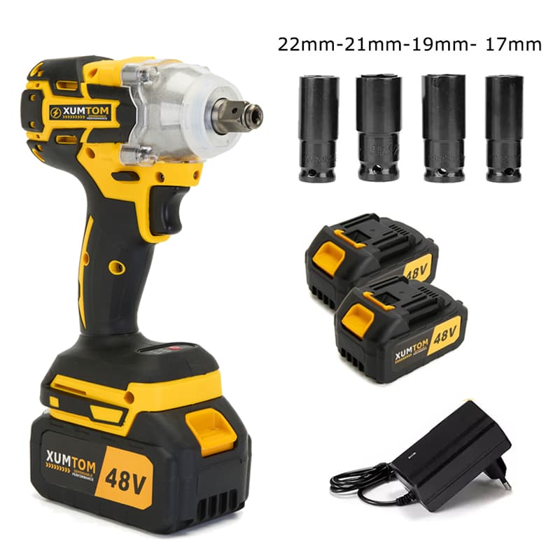 Chave De Impacto 48V Elétrica Sem Fio 450NM Parafusadeira Brushless Com 2 Bateria 4 Soquetes